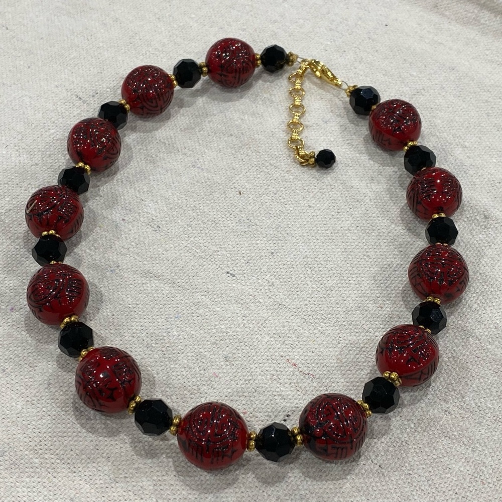 Asian Beaded - Lorren Bell - Necklace & Earrings - Red & Black